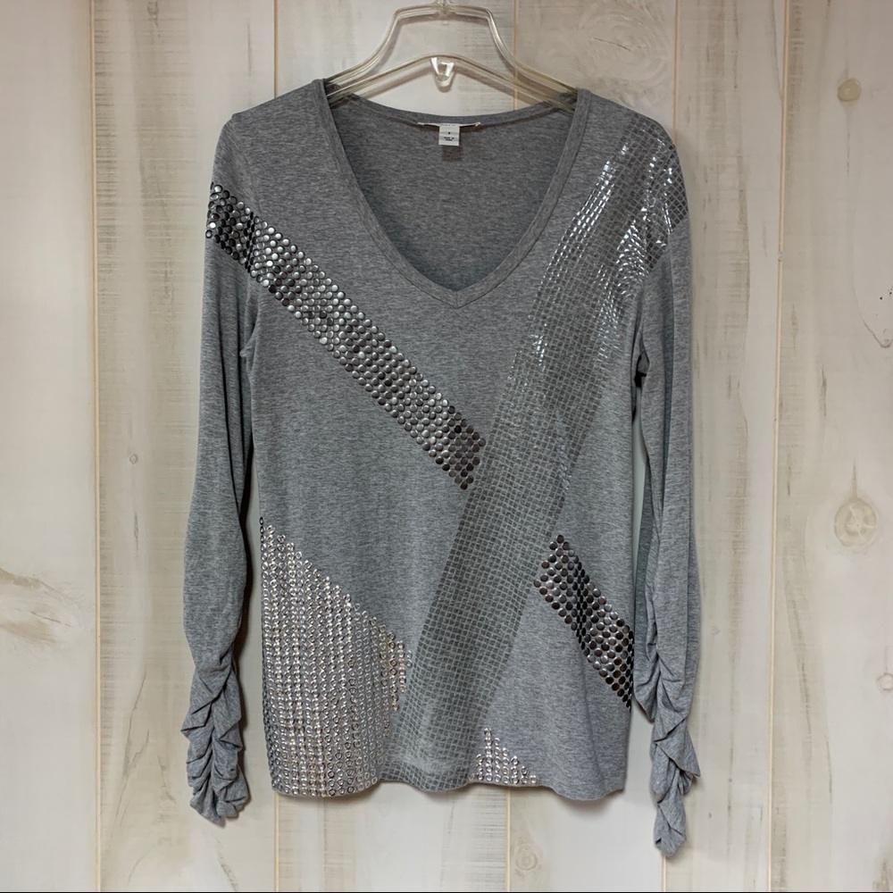 Kenneth Cole Grey Top Sequins Studs Ruched Arms S - Picture 1 of 8